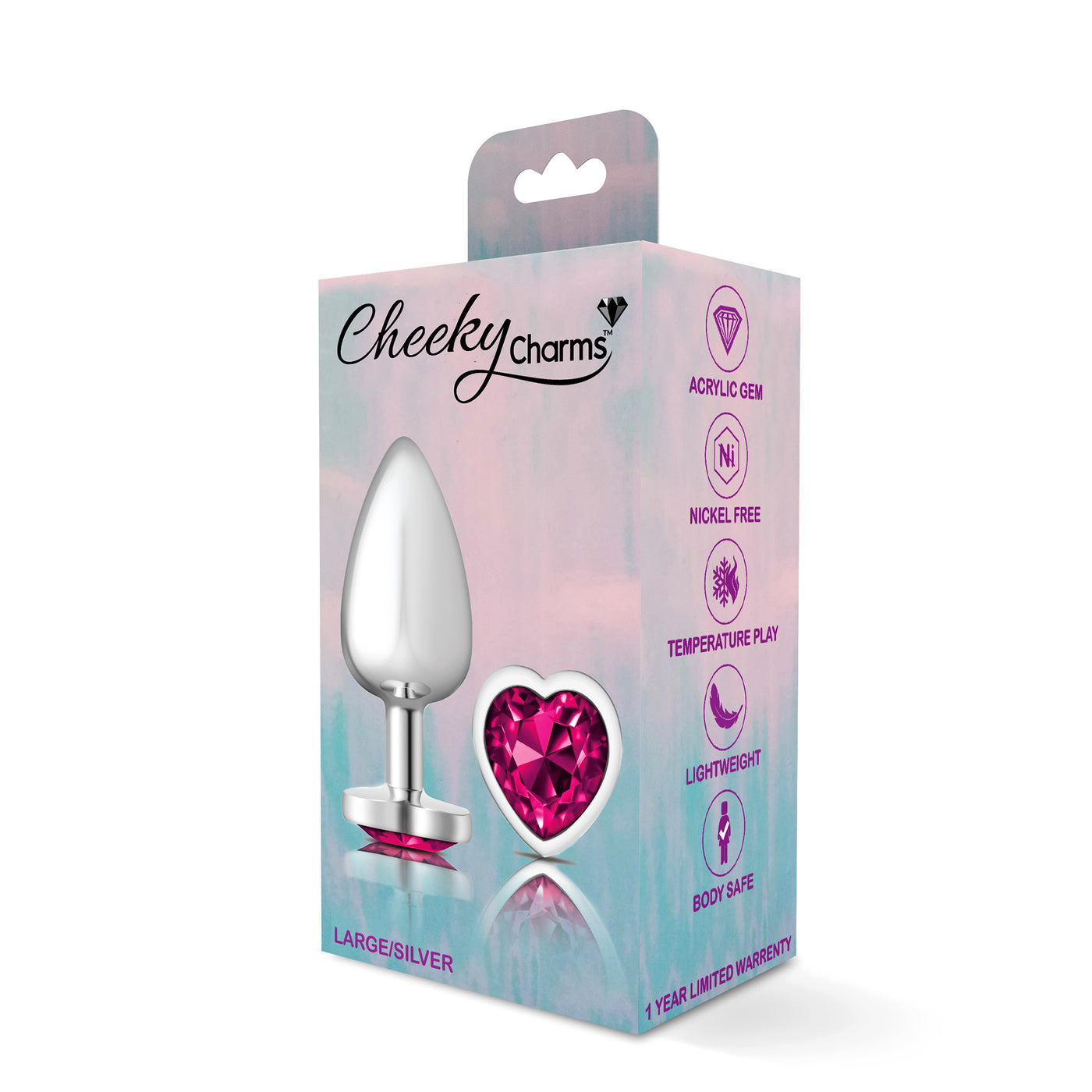 Cheeky Charms Silver Metal Butt Plug - Bright Pink Heart