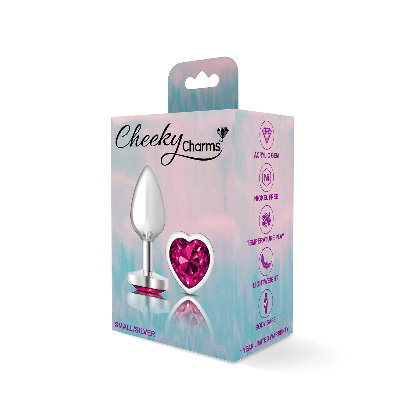 Cheeky Charms Silver Metal Butt Plug - Bright Pink Heart