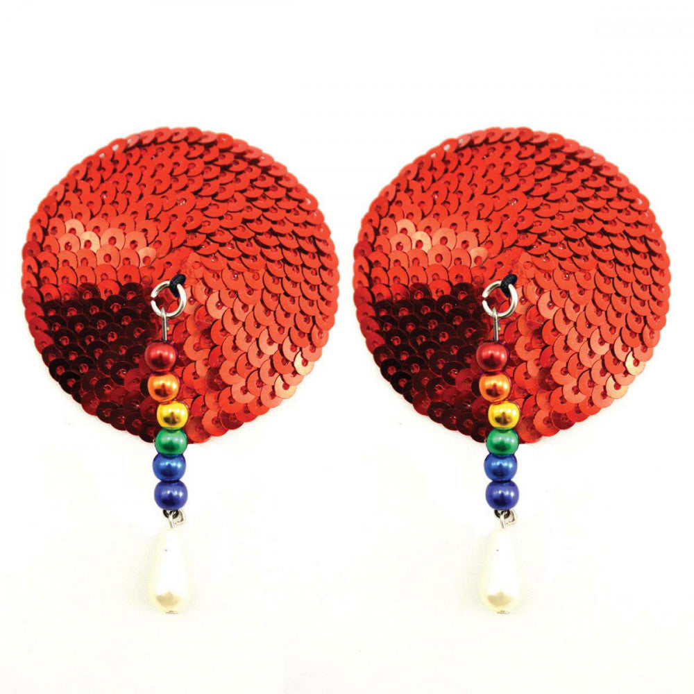 Bijoux de Nip Round Red Sequin Pasties w/ Rainbow Beads