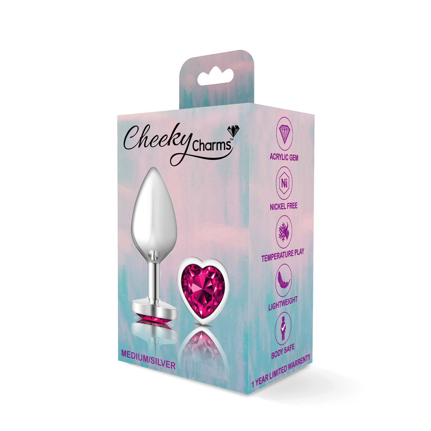 Cheeky Charms Silver Metal Butt Plug - Bright Pink Heart